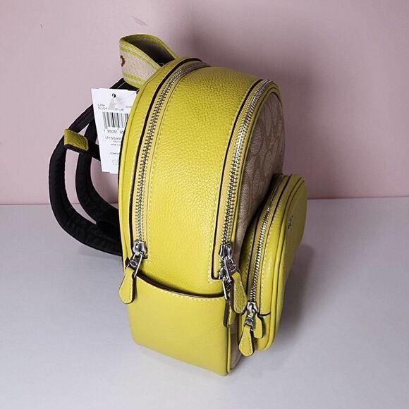 NWT Coach CJ594 Mini Court Backpack Signature Canvas Light Khaki Key Lime - Picture 2 of 8